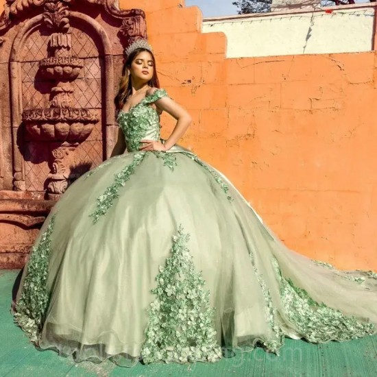 Sage Green Shiny Quinceanera Dresses Beading Off Shoulder Sparkling Crystal Beads Bow 3DFlower Vestidos De 15 Anos