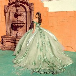 Sage Green Shiny Quinceanera Dresses Beading Off Shoulder Sparkling Crystal Beads Bow 3DFlower Vestidos De 15 Anos