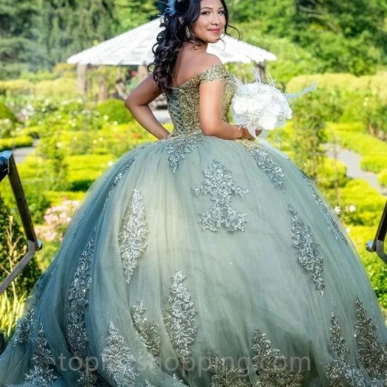 Sage Green Sweetheart Sequins Quinceanera Dresses Vestidos De 15 Anos Off-Shoulder Formal Princess