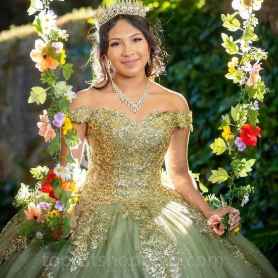 Sage Green Sweetheart Sequins Quinceanera Dresses Vestidos De 15 Anos Off-Shoulder Formal Princess