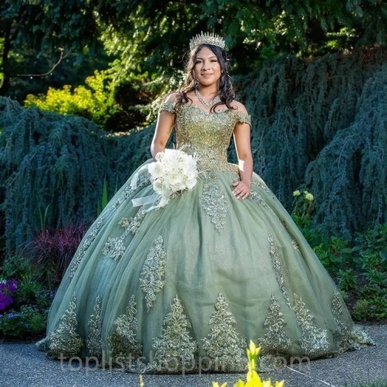 Sage Green Sweetheart Sequins Quinceanera Dresses Vestidos De 15 Anos Off-Shoulder Formal Princess