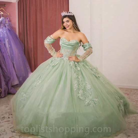 Sage Green Tulle Quinceanera Dress 2024 Applique Beading Crytals Floral Off the Shoulder Ball Gown Sweet 16 Party Princess Dress