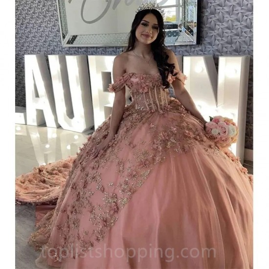 Shiny Blush Pink Quinceanera Dress Ball Gown 3D Floral Lace Applique Beaded Sweet 16 Vestidos XV Años