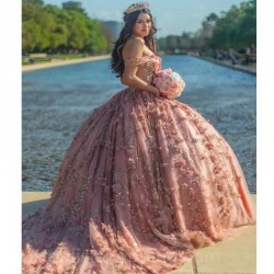 Shiny Blush Pink Quinceanera Dress Ball Gown 3D Floral Lace Applique Beaded Sweet 16 Vestidos XV Años