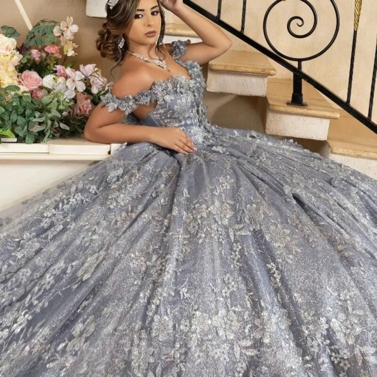 3D Flowers Silvery Shiny Ball Gown Quinceanera Dresses Applique Tull Bridal Gown Party Bride Dresses