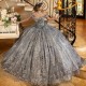 3D Flowers Silvery Shiny Ball Gown Quinceanera Dresses Applique Tull Bridal Gown Party Bride Dresses