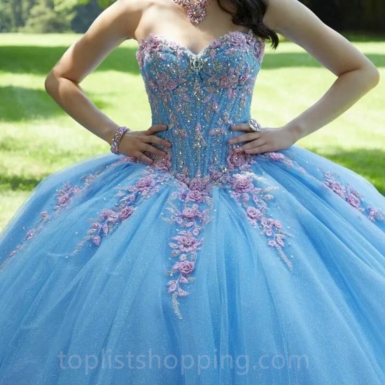 Sweetheart Sky Blue Ball Gown Prom Dress Quinceanera Dress Applique Beaded 3D Flowers Formal Dresses