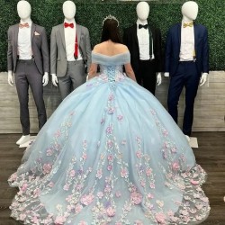 3D Flowers Sky Blue Ball Gown Quinceanera Dresses Floral Appliques Lace Vestidos De Anos Princess Party Gowns