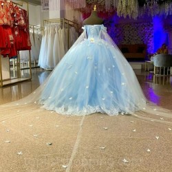 Off The Shoulder Sky Blue Charro Quinceanera Dresses Ball Gown Appliques Pearls Mexican Sweet 16 Dresses 15 Anos