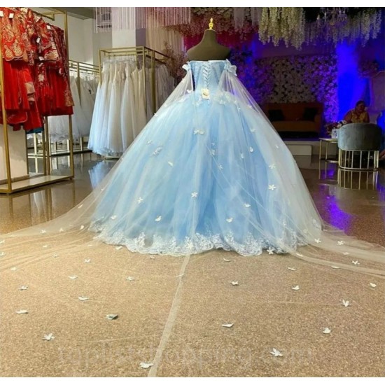 Off The Shoulder Sky Blue Charro Quinceanera Dresses Ball Gown Appliques Pearls Mexican Sweet 16 Dresses 15 Anos