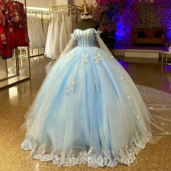 Off The Shoulder Sky Blue Charro Quinceanera Dresses Ball Gown Appliques Pearls Mexican Sweet 16 Dresses 15 Anos