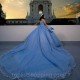 Ruffles Sky Blue Glitter Crystal Ball Gown Spaghetti Strap Quinceanera Dresses