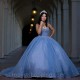 Ruffles Sky Blue Glitter Crystal Ball Gown Spaghetti Strap Quinceanera Dresses