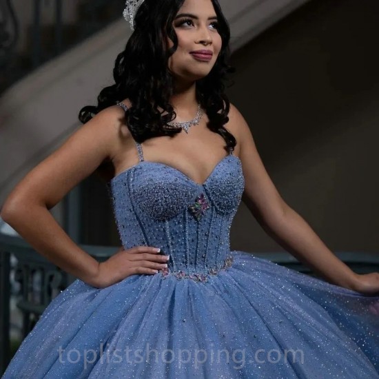 Ruffles Sky Blue Glitter Crystal Ball Gown Spaghetti Strap Quinceanera Dresses