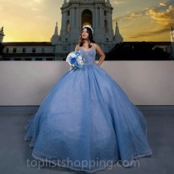 Ruffles Sky Blue Glitter Crystal Ball Gown Spaghetti Strap Quinceanera Dresses