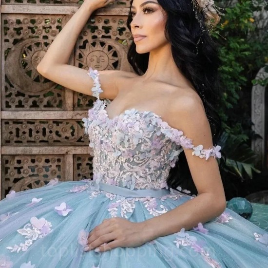 Sweetheart Sky Blue Mexican Quinceanera Dresses Bow Birthday Princess Formal Ball Gowns Vestidos XV