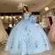 Off Shoulder Sky Blue Quinceanera Dress Prom Dress Floral Applique Princess Dress