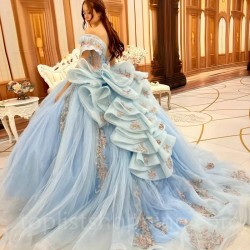 Off Shoulder Sky Blue Quinceanera Dress Sexy V-Neck Ball Gown Dress Applique Lace Tull Tiered Sweet 16