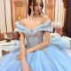 Off Shoulder Sky Blue Quinceanera Dress Sexy V-Neck Ball Gown Dress Applique Lace Tull Tiered Sweet 16