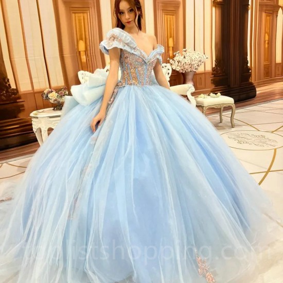 Off Shoulder Sky Blue Quinceanera Dress Sexy V-Neck Ball Gown Dress Applique Lace Tull Tiered Sweet 16