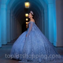 Off Shoulder Sky Blue Princess Quinceanera Dresses Sweetheart Applique Beads With Cape