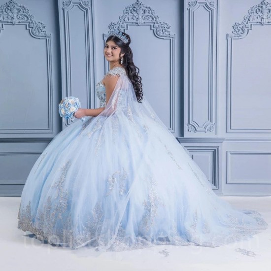 Off Shoulder Sky Blue Princess Quinceanera Dress 2024 Appliques Lace Beads With Cape Party Sweet 16 Gown Vestidos De 15 Años