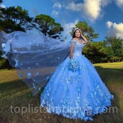 Sky Blue Princess Quinceanera Dresses 2024 Lace Appliques 3D Flowers With Cape