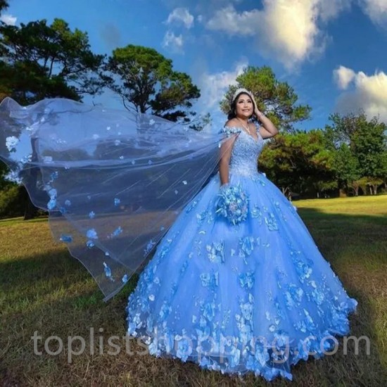 Sky Blue Princess Quinceanera Dresses 2024 Lace Appliques 3D Flowers With Cape