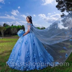 Sky Blue Princess Quinceanera Dresses 2024 Lace Appliques 3D Flowers With Cape