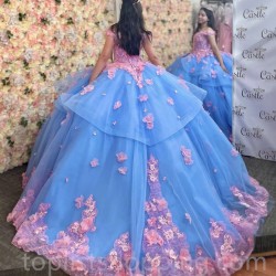 Off The Shoulder Sky Blue Princess Quinceanera Dresses Ball Gown Tulle Pink Applique Flower Sweet 16 Dresses