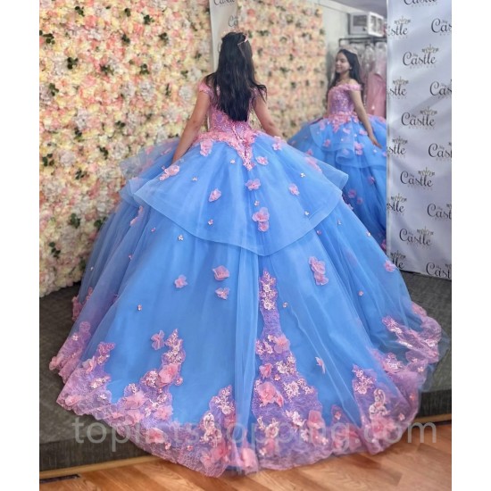 Off The Shoulder Sky Blue Princess Quinceanera Dresses Ball Gown Tulle Pink Applique Flower Sweet 16 Dresses