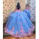 Off The Shoulder Sky Blue Princess Quinceanera Dresses Ball Gown Tulle Pink Applique Flower Sweet 16 Dresses