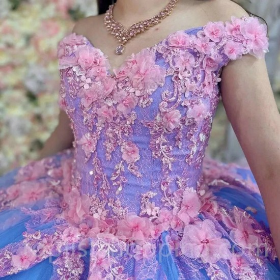 Off The Shoulder Sky Blue Princess Quinceanera Dresses Ball Gown Tulle Pink Applique Flower Sweet 16 Dresses