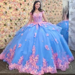 Off The Shoulder Sky Blue Princess Quinceanera Dresses Ball Gown Tulle Pink Applique Flower Sweet 16 Dresses