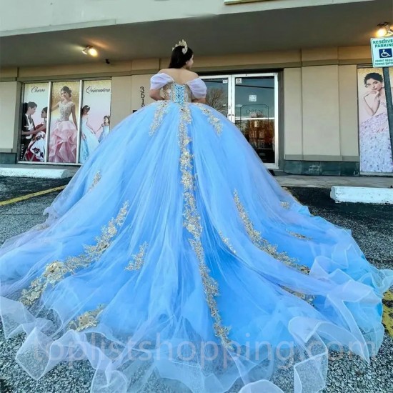 Sky Blue Princess Quinceanera Dresses Gold Applique Lace Ball Gown Sweet 16 Dress Vestidos De 15 Anos