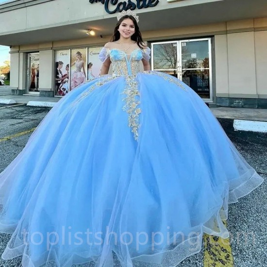 Sky Blue Princess Quinceanera Dresses Gold Applique Lace Ball Gown Sweet 16 Dress Vestidos De 15 Anos