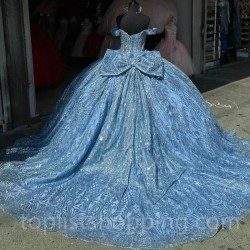 Sky Blue Princess Quinceanera Dresses Off Shoulder Ball Gown Crystals Beads Tull Sweet 15th Dress