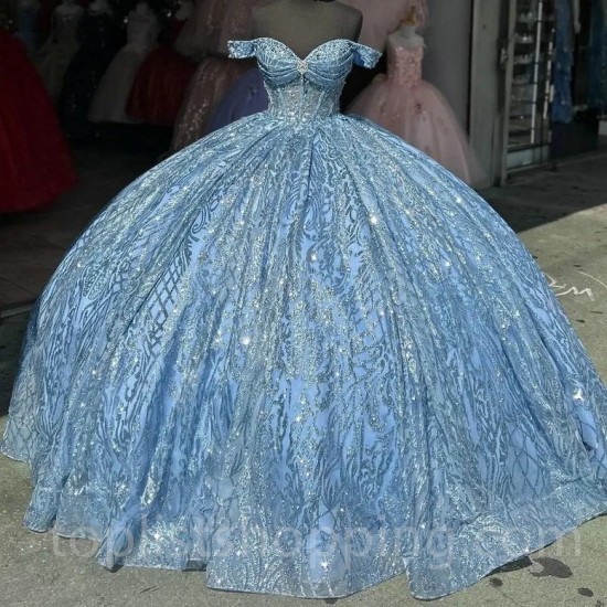 Sky Blue Princess Quinceanera Dresses Off Shoulder Ball Gown Crystals Beads Tull Sweet 15th Dress