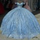 Sky Blue Princess Quinceanera Dresses Off Shoulder Ball Gown Crystals Beads Tull Sweet 15th Dress