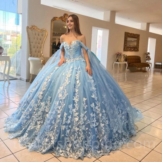 Sky Blue Princess Sexy Sweetheart Prom Dress 2024 Quinceanera Beaded Bow Tull With Cape Corset Sweet 15 16 Girls Dress