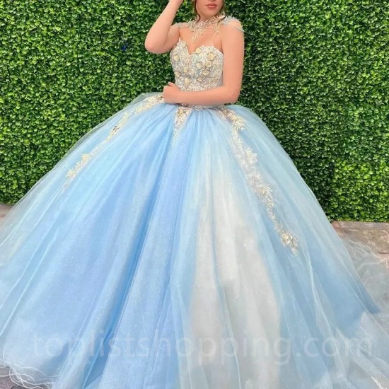 Sky Blue Princess Sweet 16 Quinceanera Dresses Off Shoulder Applique Lace Corset vestido para debutante de 15 anos