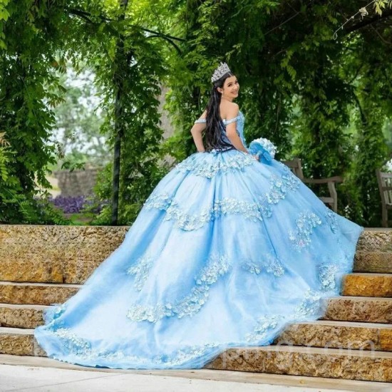 Sky Blue Quinceanera Dress 2024 Beading Crytals 3D Floral Ball Gown Sweet 16 Party Princess Dress Long Train