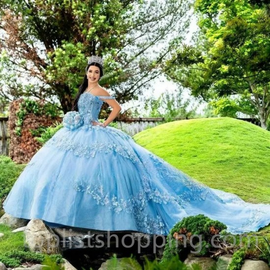 Sky Blue Quinceanera Dress 2024 Beading Crytals 3D Floral Ball Gown Sweet 16 Party Princess Dress Long Train