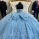 Sky Blue Quinceanera Dress Mexican Appliques 3D Flowers Tull Ball Gowns