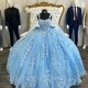 Sky Blue Quinceanera Dress Mexican Appliques 3D Flowers Tull Ball Gowns