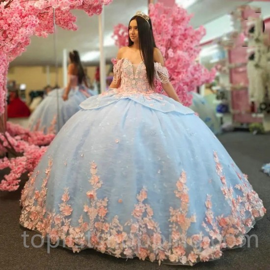 Sky Blue Quinceanera Dress Off Shoulder Pink Tull Ball Gown Corset Sweet 16 Vestidos De 15