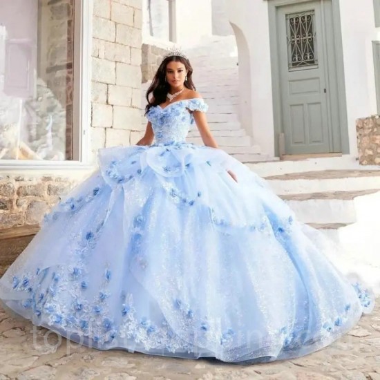 Off Shoulder Sky Blue Quinceanera Dresses 2024 Sweetheart Ball Gown Flower Puffy Sweet 16 Dress