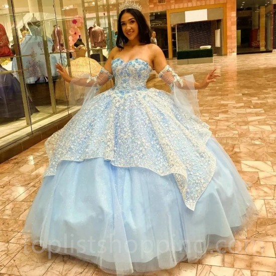 Sky Blue Quinceanera Dresses For Sweet 16 Princess Gown Applique Lace Beading Birthday Party Prom Dresses