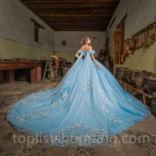 Sky Blue Quinceanera Dresses Lace Applique With Cape Off The Shoulder Sweet 16 Dress vestido de 15 anos