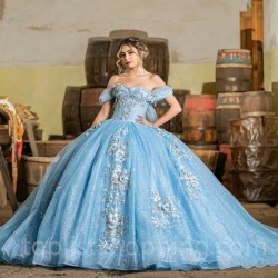 Sky Blue Quinceanera Dresses Lace Applique With Cape Off The Shoulder Sweet 16 Dress vestido de 15 anos